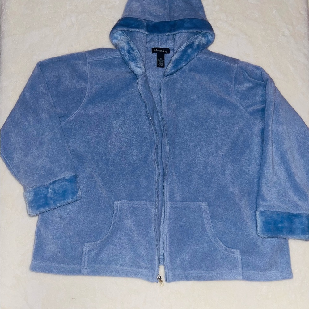 Denim&Co Womens Light Blue Fleece Zip up Jacket with faux fur trim